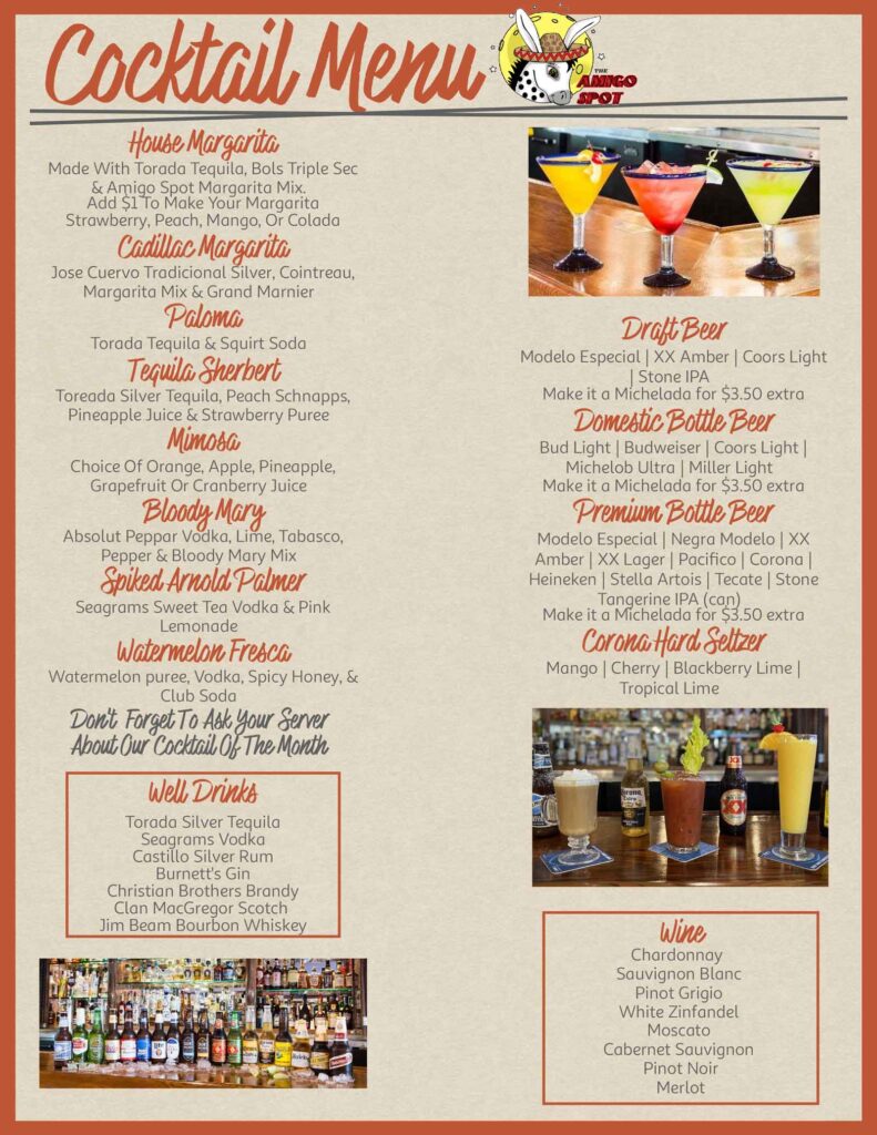 Full Bar- Amigo Spot Restaurant in San Diego at the Kings Inn featuring vibrant Mexican decor, delicious cuisine, and an authentic old town Mexican dining atmosphere. Call (619) 297-2231 for details.